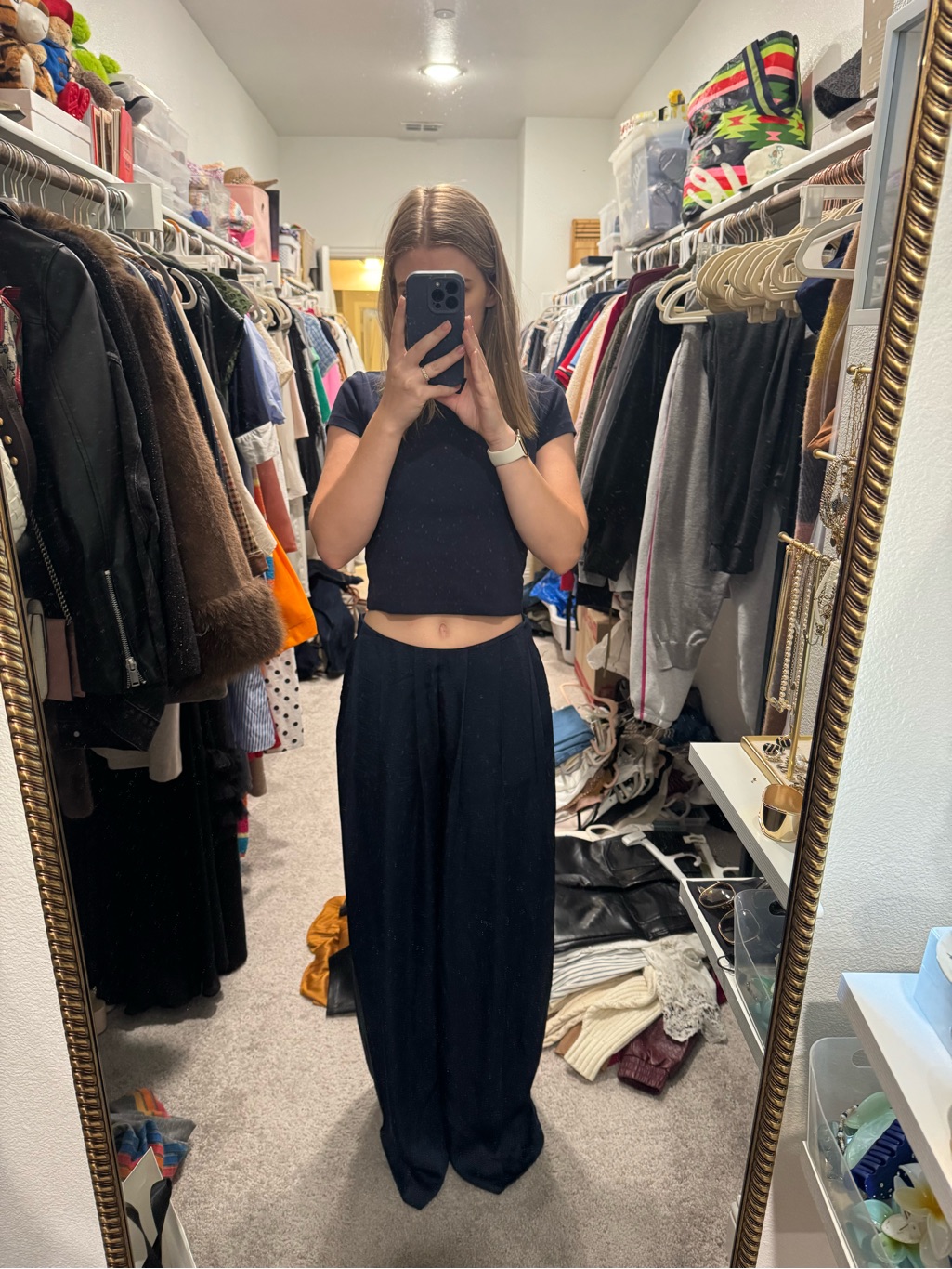 Wide Leg Satin Navy Pants